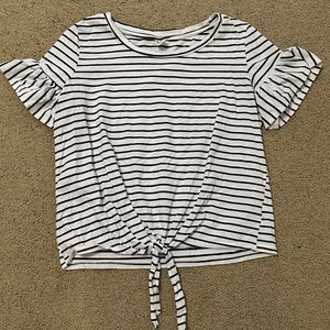 White and black striped short sleeve flounce tee, size S
